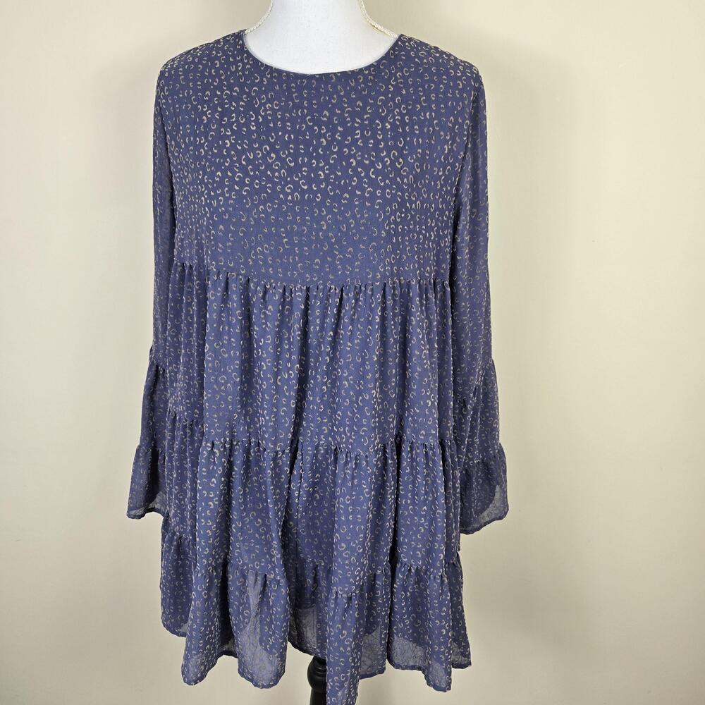 Altar'd State Dress Womens Large Blue Animal Print Bell Sleeve Tiered Trapeze